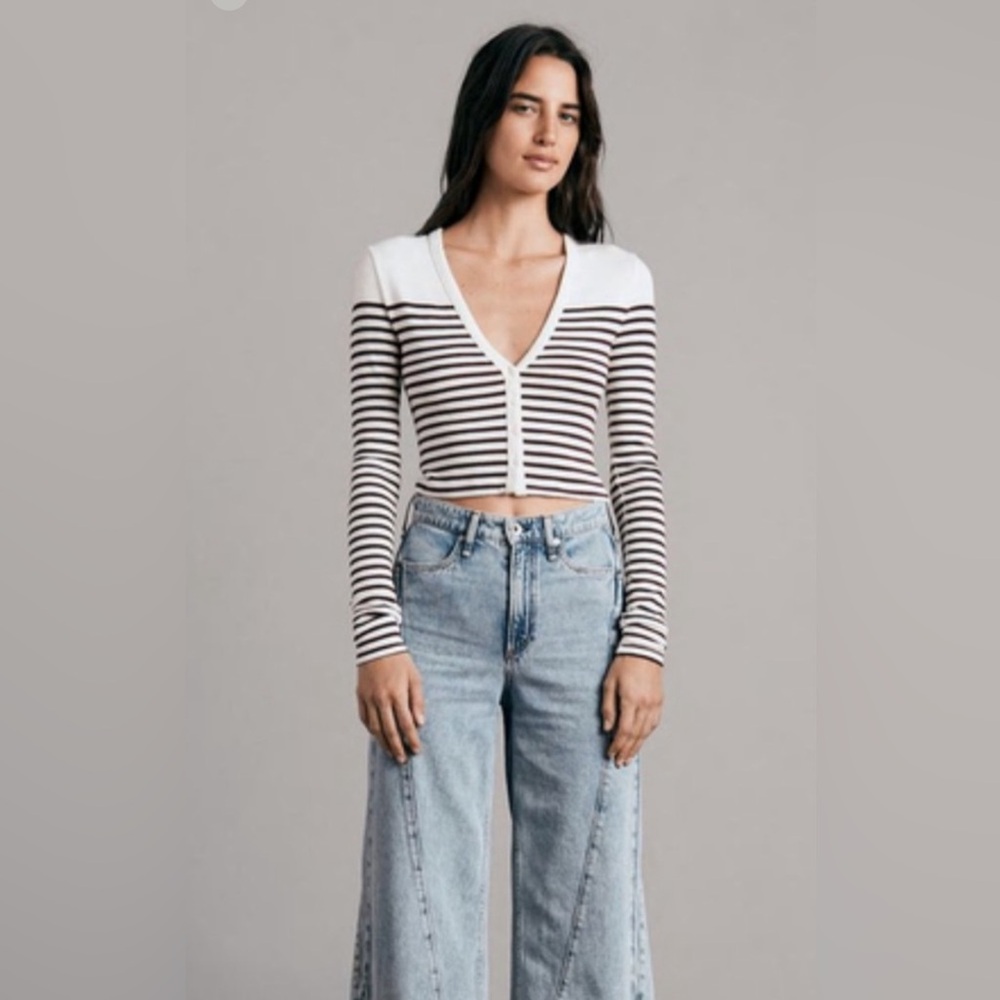 NWT rag & bone beige multi knit breton stripe slim cardigan L - Picture 4 of 16